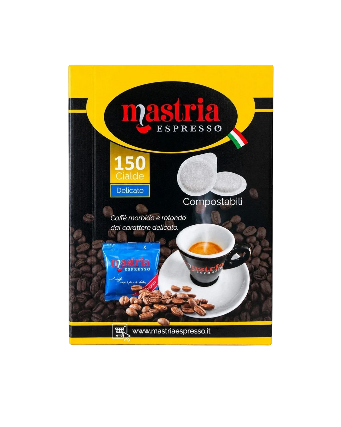 Mastria Espresso 150 compostable coffee pods, delicate taste, individually wrapped for freshness. ESE 44mm compatible.