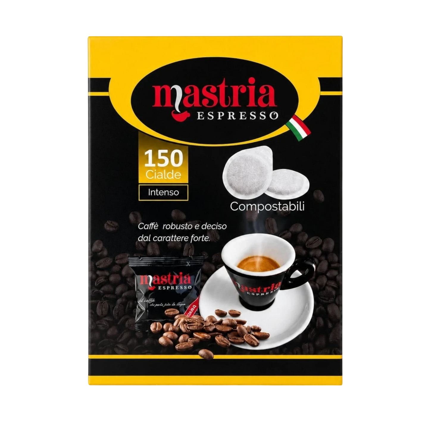 Mastria Espresso 150 compostable ESE 44mm coffee pods, Intenso flavour, robust and decisive.