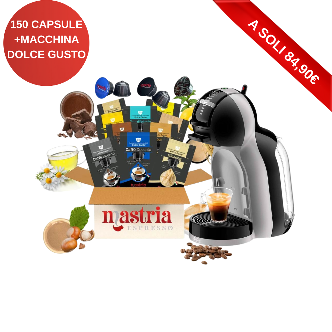 150 Capsule Dolce Gusto + Macchina De'Longhi Mini Me
