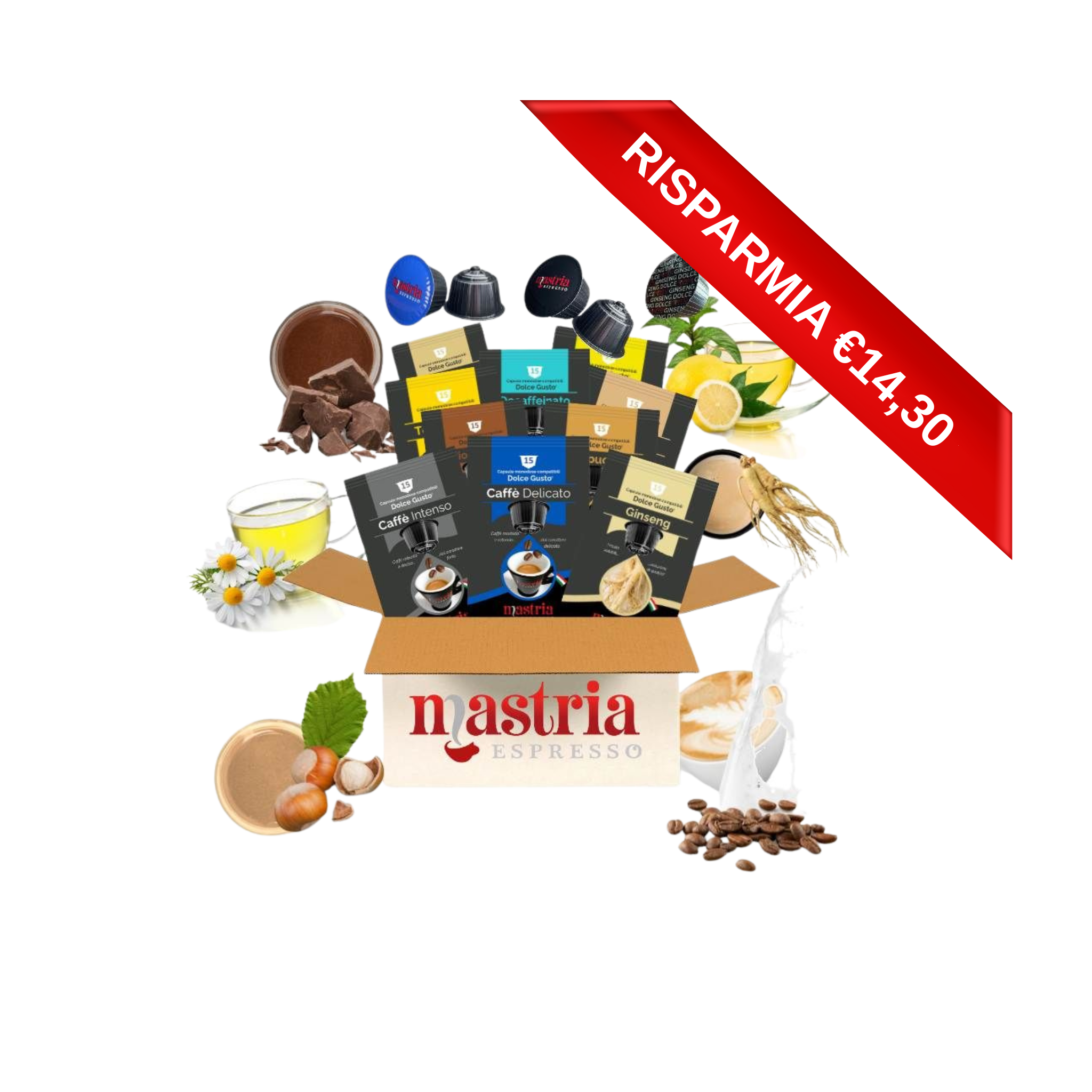 300 Capsule ( 20 CONFEZIONI MIX) Compatibili DOLCE GUSTO - (Caffè Intenso, Caffè Delicato, Decaffeinato, Orzo, Ginseng, Nocciolino, Cioccolato, Cappuccino, Camomilla, Tè.)