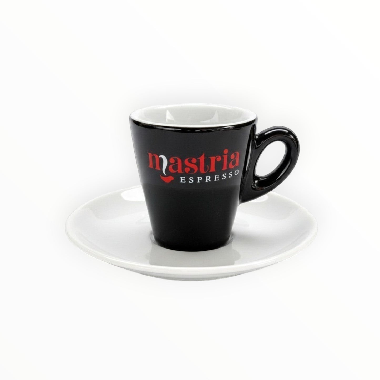 Set 6 tazzine e piattini Mastria Espresso in ceramica nera con logo rosso e piattino.